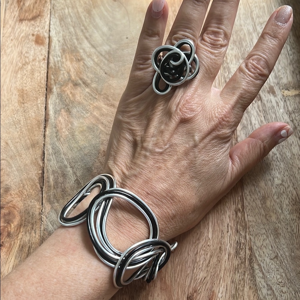 Silver and Black twisted wire bracelet and matching ring